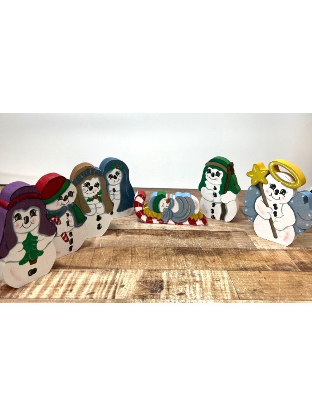 Nativity Scene Hand-Painted Wooden Snowman Figures Holiday Décor Set - 7 Pieces